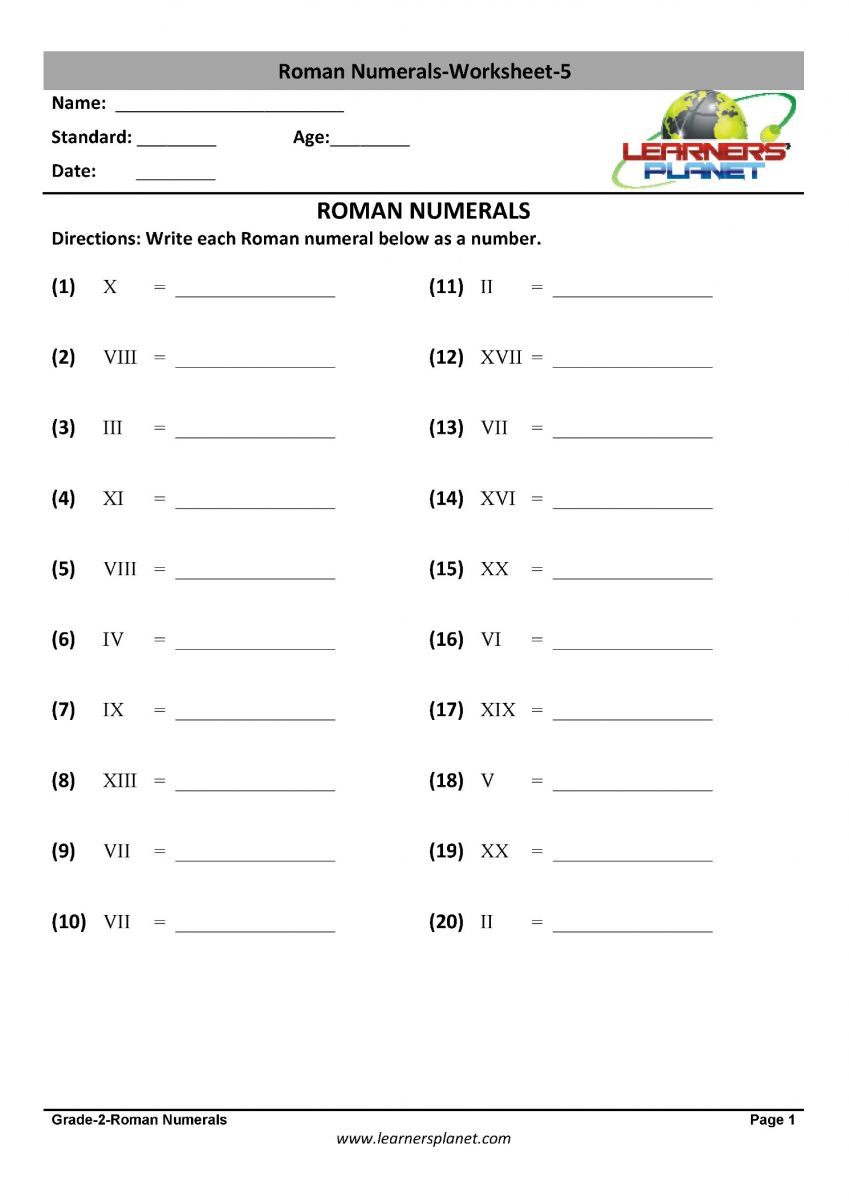 Free Printable Roman Numeral Worksheets 1 10